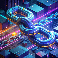 Futuristic digital cityscape with interconnected blockchain chain