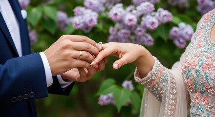 Fototapeta premium A groom places a ring on his brides finger during a wedding proposal or ceremony, with blooming lilac flowers in the background