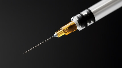 Syringe ready for injection, showcasing a medical device with a golden-colored liquid against a stark black backdrop. Focus on precision and care.