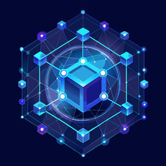Abstract digital network of interconnected cubes and nodes