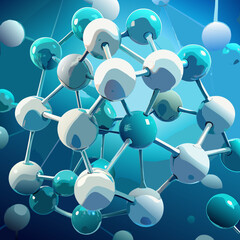 Abstract molecular structure with blue and white spheres
