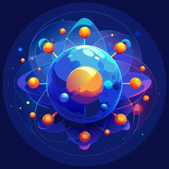 Abstract atomic structure with orbiting particles and glowing orbs