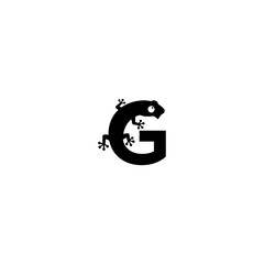 Black silhouette of a lizard clinging to the letter G on a stark white background