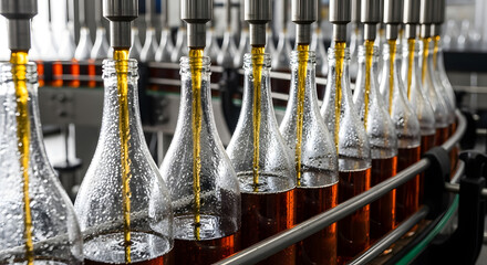 Automated bottling line filling glass bottles with amber liquid on a conveyor belt in a modern production facility