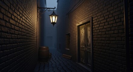 Eerie Victorian Alleyway with Gas Lamp and Weathered Door, Misty Atmosphere