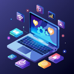 Digital technology and connectivity icons surrounding a laptop