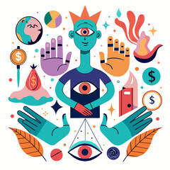 Mystical all seeing eye and cosmic symbols illustration