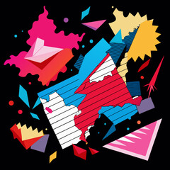 Abstract geometric collage with vibrant colors and memphis style elements