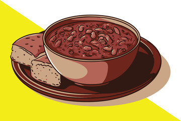 A colorful illustration of a bowl of chili with slices of bread