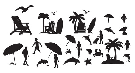 Tropical Beach Vacation Silhouettes: Summer Holiday, Seaside People, and Ocean Vector Icons Set