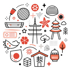 Japanese cultural icons arranged in a circle with red and black accents
