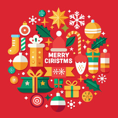 Festive christmas icons arranged in a circle with merry christmas text