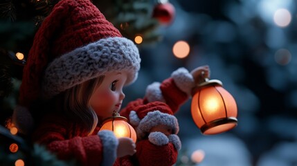 Delicate Doll in Santa Outfit Holding Lanterns Amidst Christmas Tree Lights