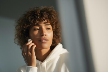 Woman in hoodie feels relaxed, and refreshed by air. She has peaceful, serene expression on her face