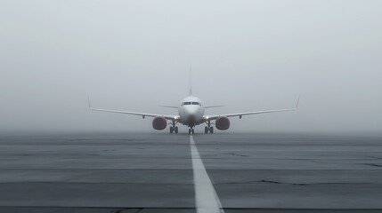 A passenger aircraft is stationary on an airport runway obscured by thick fog on a dreary day. The atmosphere appears cold and ominous.