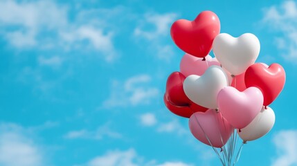 Colorful Heart-Shaped Balloons Floating Against a Clear Blue Sky with Fluffy White Clouds