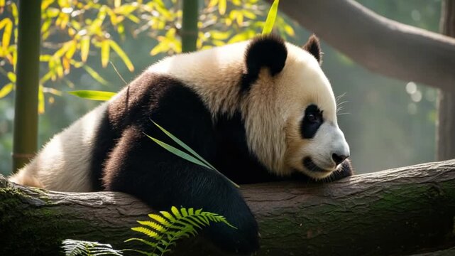 Panda g&eacute;ant se reposant sur une branche de bambou