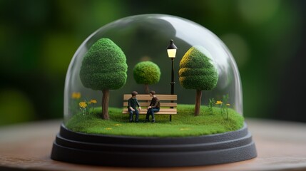 Miniature Scene of a Couple Sitting on a Bench Under Trees in a Glass Dome