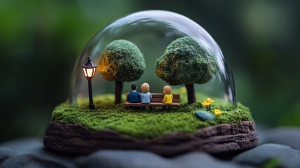 Miniature Scene of Friends in a Glass Dome with Trees, Bench, and Soft Light at Dusk