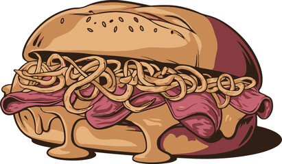 A delicious illustration of a burger with spaghetti and melted cheese