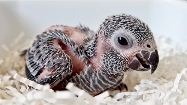 Adorable Newborn African Grey Parrot Chick in a Nest.