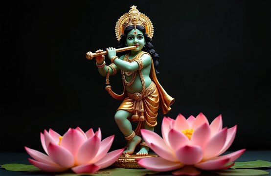 Hindu god Krishna statue plays flute on dark background. Wears gold crown, ornate clothes, jewelry. Two pink lotus flowers sit in foreground. Religious symbol for meditation, worship, spiritual
