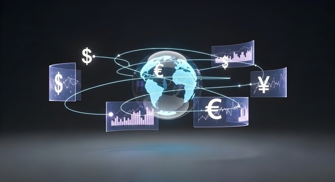 Global financial markets and international currency exchange represented by a digital globe with currency symbols and data charts - Powered by Adobe