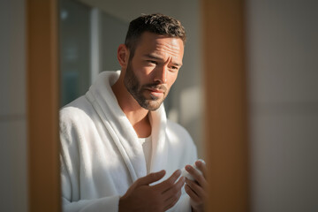 Man in bathrobe appears contemplative,perhaps experiencing skin discomfort, seeking relief through psoriasis treatment