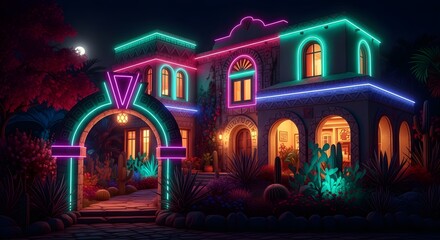 Obraz premium Enchanting two-story villa outlined in teal and magenta neon lights, with glowing archway and windows, surrounded by lush gardens and desert plants, creating a magical, festive ambiance under the moon