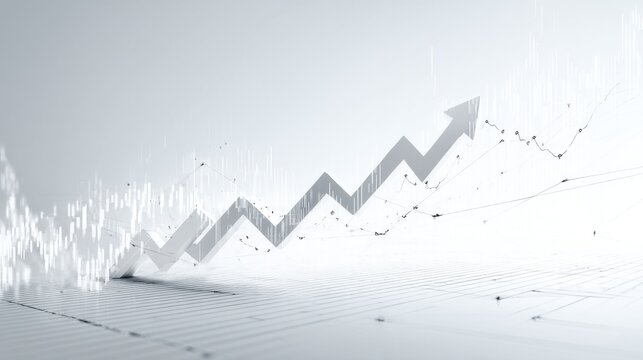 A crisp white backdrop features an ascending financial graph with a sharp arrow, overlaid with faint monetary motifs for professional impact.