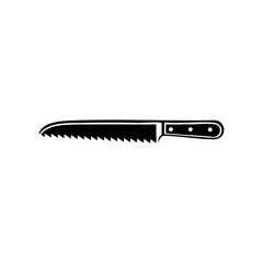 Sharp black bread knife with serrated blade symbolizing kitchen tools, cooking, and culinary precision.
