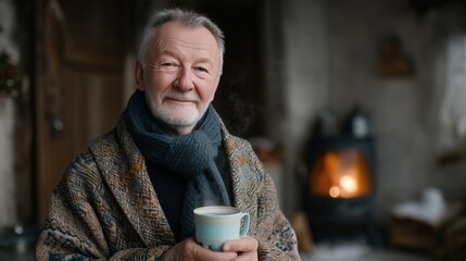Happy Senior Man Enjoying Warm Drink by Fireplace in Cozy Home