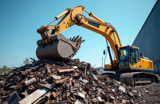 Yellow excavator with big bucket loads pile of scrap metal. Machine works at outdoor junkyard under clear blue sky. Heavy machinery sorts industrial waste for recycling. - Powered by Adobe