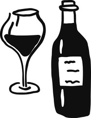 Whimsical wine bottle with glass line art doodle. Whimsy alcohol drink beverage. Vector illustration