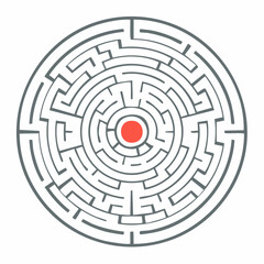 Circular maze illustration with red center concept of challenge and solution
