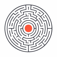Circular maze illustration with red center on white background