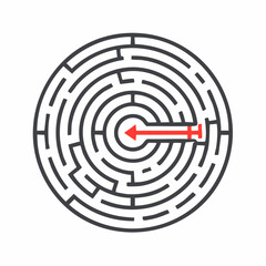 Circular maze with red arrow pointing to center solution