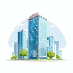 Cityscape illustration modern skyscrapers and green trees under a blue sky