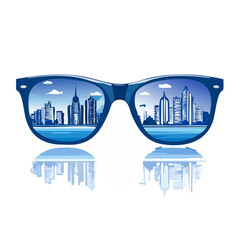 Cityscape reflected in sunglasses concept of urban life and vision