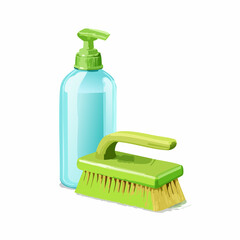Cleaning supplies illustration bottle of soap and scrub brush on white background