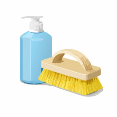Cleaning supplies illustration blue bottle with pump and yellow brush