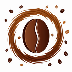 Coffee bean design with swirls and floating seeds isolated on white