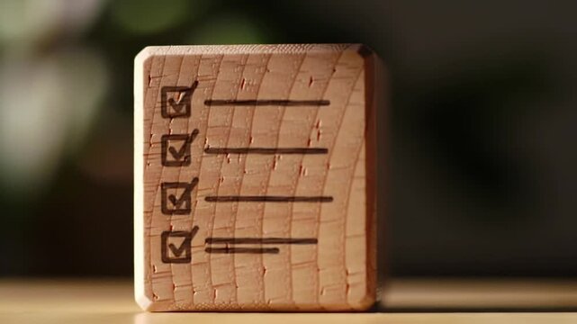 A wooden block with a laser-etched checklist showing four completed tasks, symbolizing productivity and accomplishment.