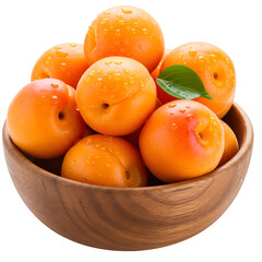 Juicy Fresh Apricots with Water Drops in Wooden Bowl, Juicy Halved Apricot Slices, isolated on white background, PNG Format.