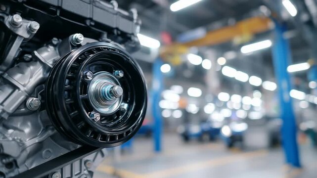 Detailed close-up of a black engine alternator with belt and pulleys, showcasing metallic precision under bright workshop lighting.