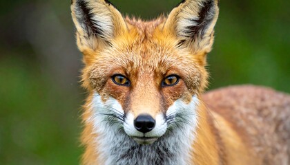 A close-up portrait features a fox, its orange-red fur contrasted against a blurred green backdrop. The animal gazes intently, revealing striking amber eyes