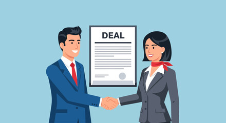 A man and a woman in business attire shake hands in front of a framed document labeled "DEAL".