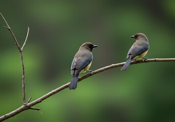 Obraz premium A pair of small grey and yellow birds are perched on a thin, bare branch against a soft, out-of-focus green background.