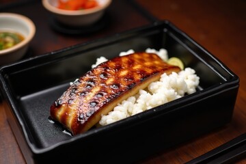 A perfectly grilled eel fillet, glistening with a dark sweet glaze, rests on a bed of fluffy white rice. The dish is served in a black lacquer box on a dark wooden table
