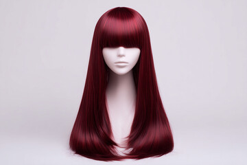 sleek red wig with straight bangs, shiny texture, white background